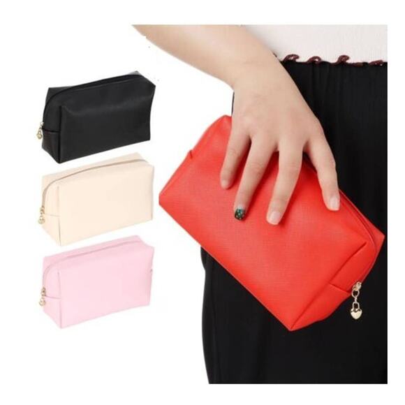 Vegan Leather Travel Makeup Rectangle Pouch Ruby Red - Picture 3 of 5